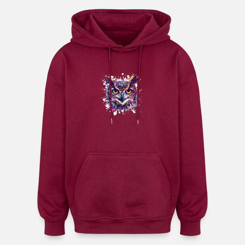 Éclaboussures de tête de hibou - Sweat à capuche oversize unisexe - bordeaux