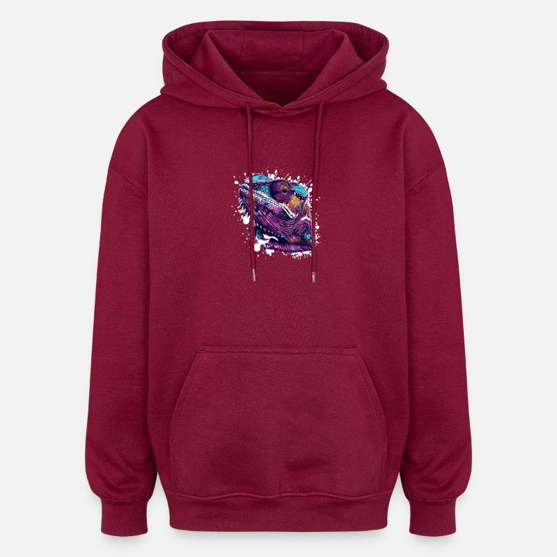 Neon reptile head chameleon - Oversized Unisex Hoodie - burgundy