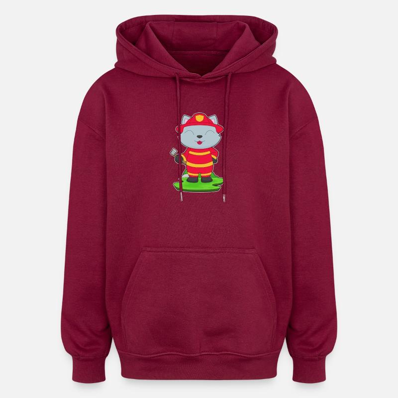 Cat Firefighter Axe Fire Brigade - Oversized Unisex Hoodie - burgundy