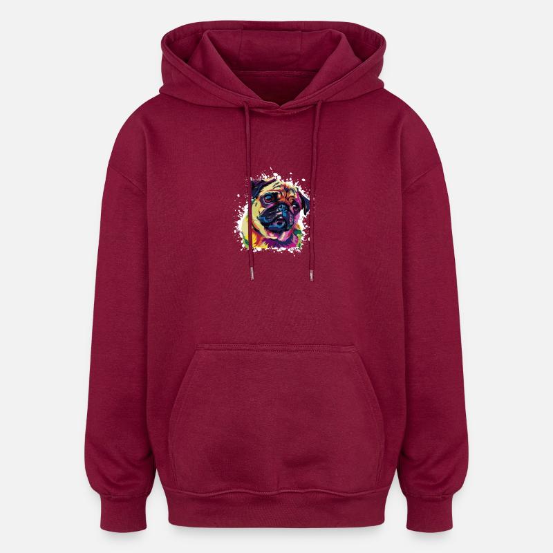 Hund Pug Tier Kunst - Oversized Unisex Hoodie - Burgunderrot