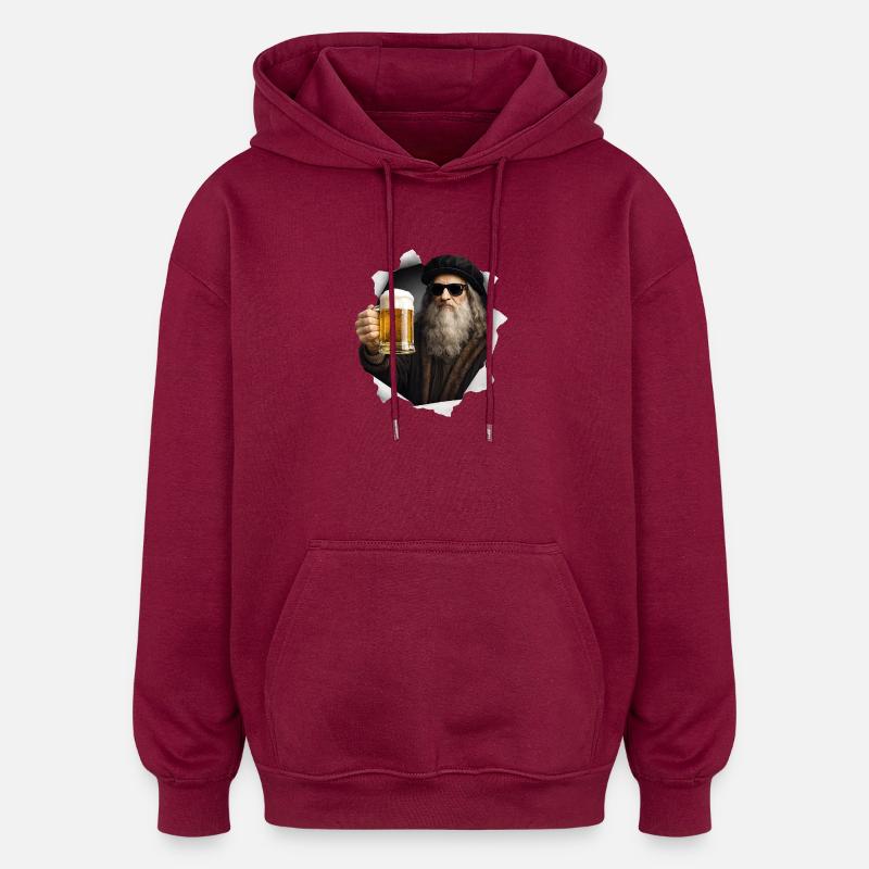 Leonardo Da Vinci con birra e occhiali da sole - Felpa con cappuccio unisex oversize - rosso borgogna