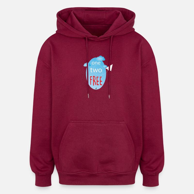 Oval, Wolken und wegfliegendes Papierflugzeug - Oversized Unisex Hoodie - Burgunderrot
