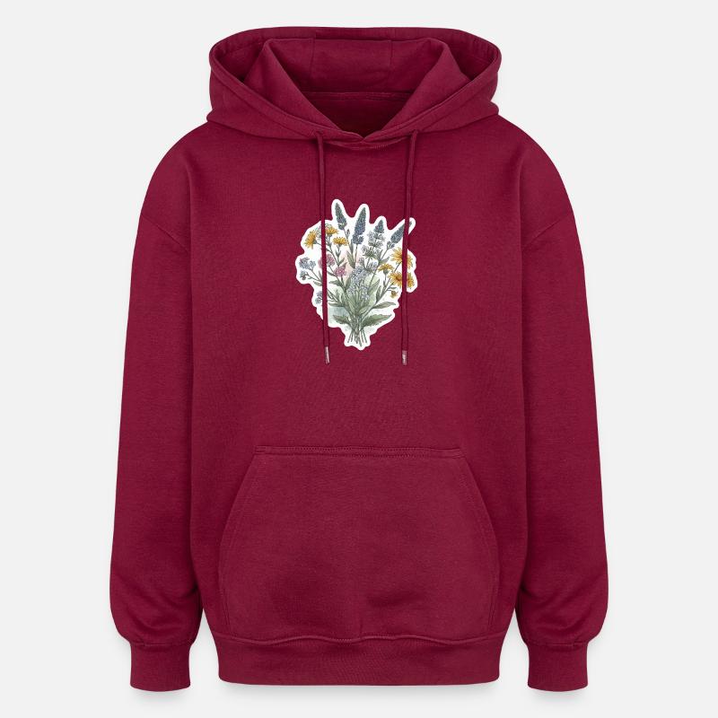 Illustration botanique de fleurs sauvages - Sweat à capuche oversize unisexe - bordeaux