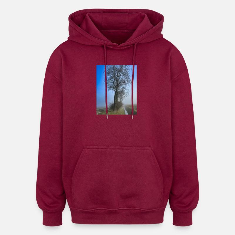 Lonely tree in morning mist - Oversized Unisex Hoodie - burgundy