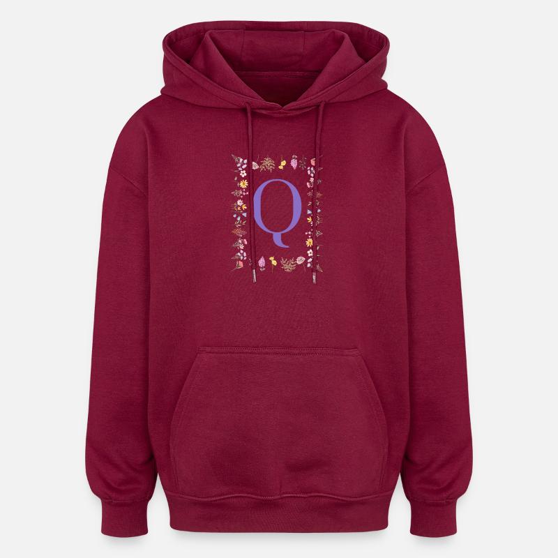 Monogramme « Q », initiales florales - Sweat à capuche oversize unisexe - bordeaux
