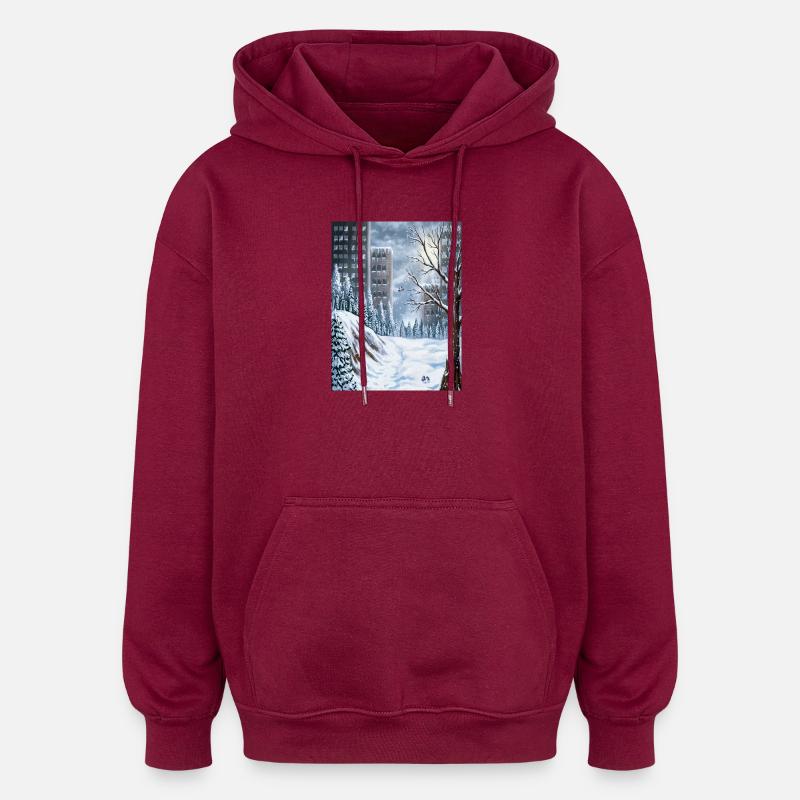 Hiver urbain parmi les gratte-ciel - Sweat à capuche oversize unisexe - bordeaux