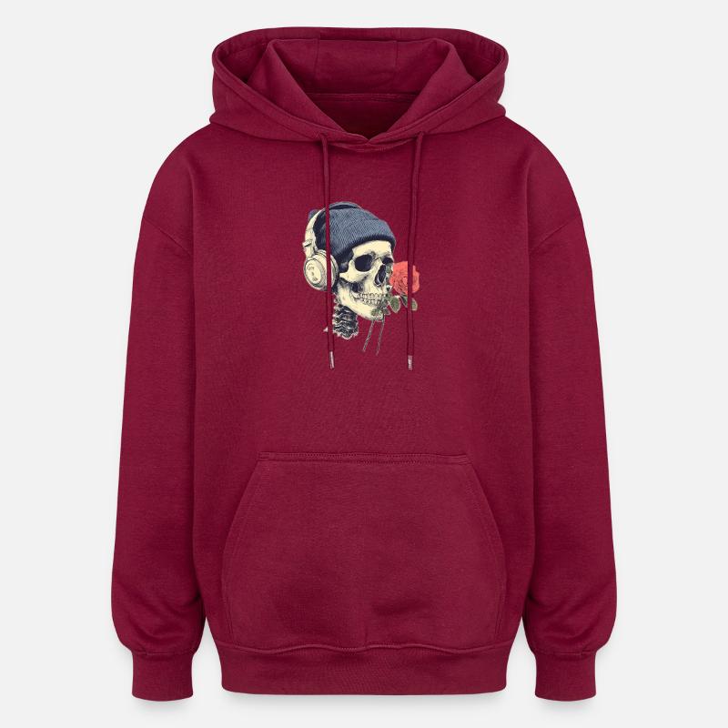 Skull mit Kopfhörern und Rose - Oversized Unisex Hoodie - Burgunderrot