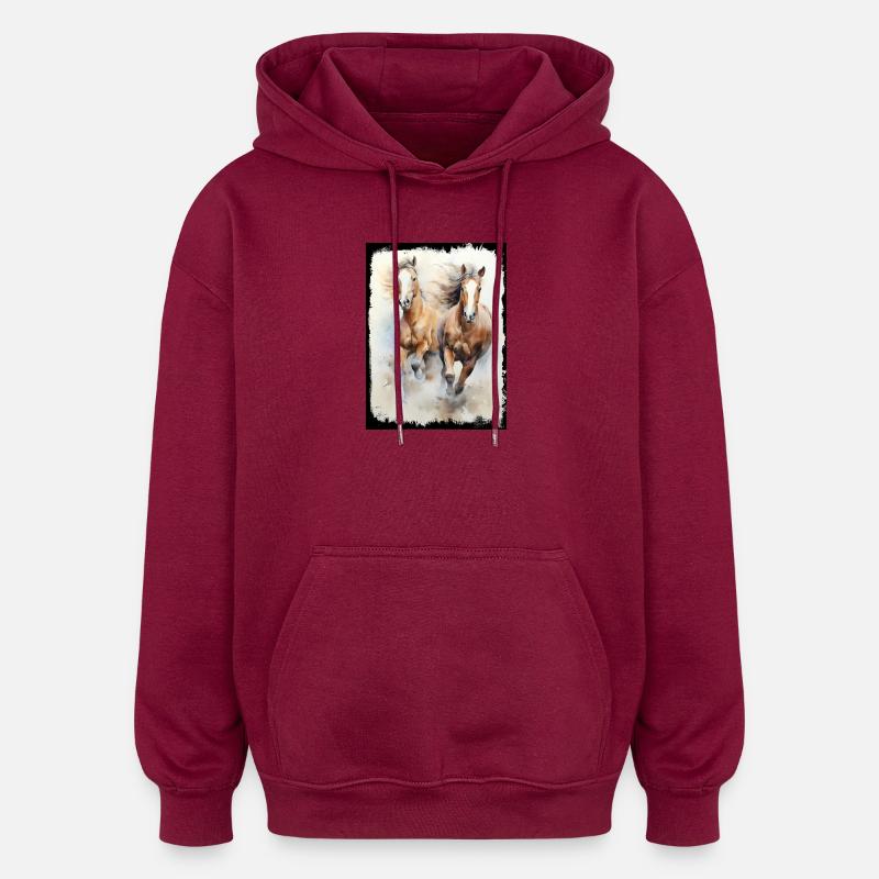 Chevaux sauvages au galop, aquarelle, plage - Sweat à capuche oversize unisexe - bordeaux
