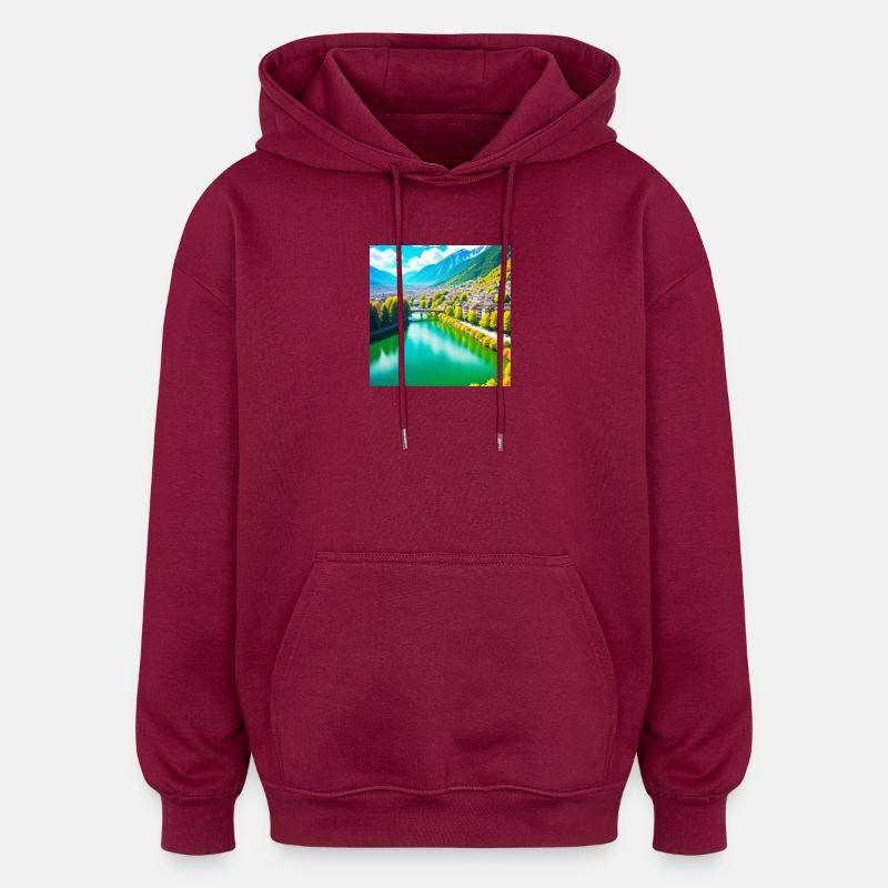 Vallée Émeraude et Village Alpin - Sweat à capuche oversize unisexe - bordeaux