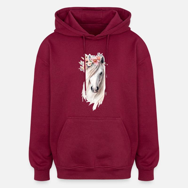 Cheval avec des fleurs - Sweat à capuche oversize unisexe - bordeaux
