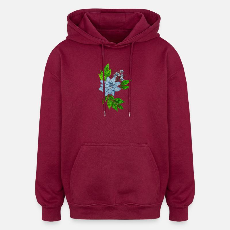 Bouquet de fleurs aquarelle bleu - Sweat à capuche oversize unisexe - bordeaux