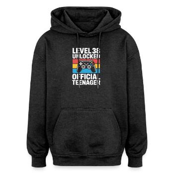 Level 38 Unlocked Teenager - Oversized Unisex Hoodie - charcoal grey - Front - Noah (186cm)