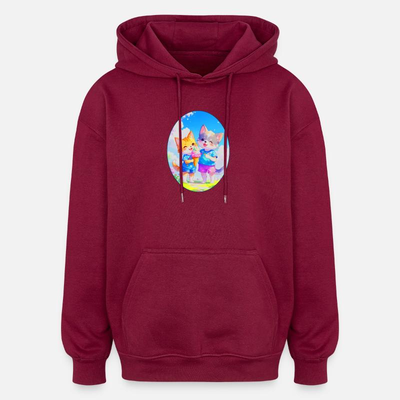 Chaton, chiot et crème glacée (ovale) - Sweat à capuche oversize unisexe - bordeaux
