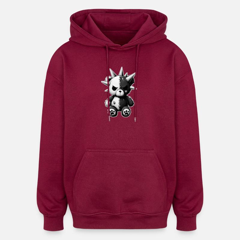 Split Skull Plush Bear Punk - Oversized Unisex Hoodie - burgundy