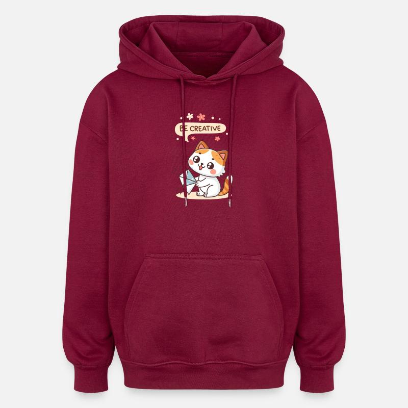 Chat Kawaii Créatif - Sweat à capuche oversize unisexe - bordeaux