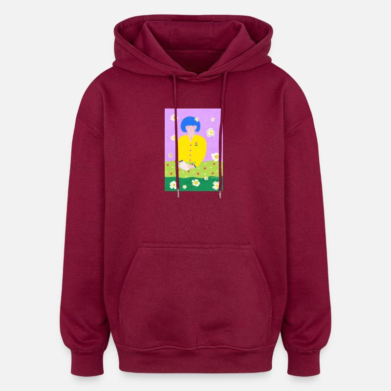 Femme lectrice dans le jardin - Sweat à capuche oversize unisexe - bordeaux