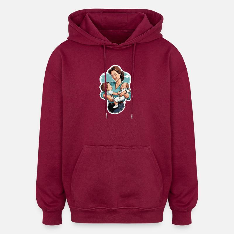 Liebevolle Mutter mit Zwillingsbabys - Oversized Unisex Hoodie - Burgunderrot