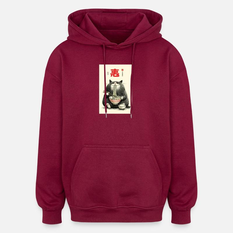 Fortune Cat Noodle Feast - Oversized Unisex Hoodie - burgundy