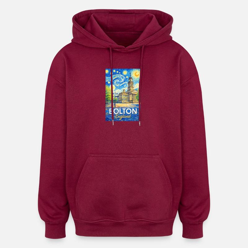Bolton, England - Inntrykk - Oversized unisex-hettegenser - burgunderrød