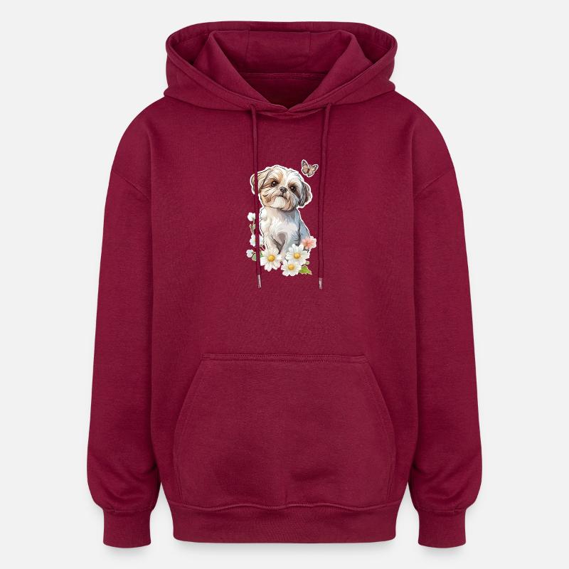 Shih Tzu et papillon - Sweat à capuche oversize unisexe - bordeaux