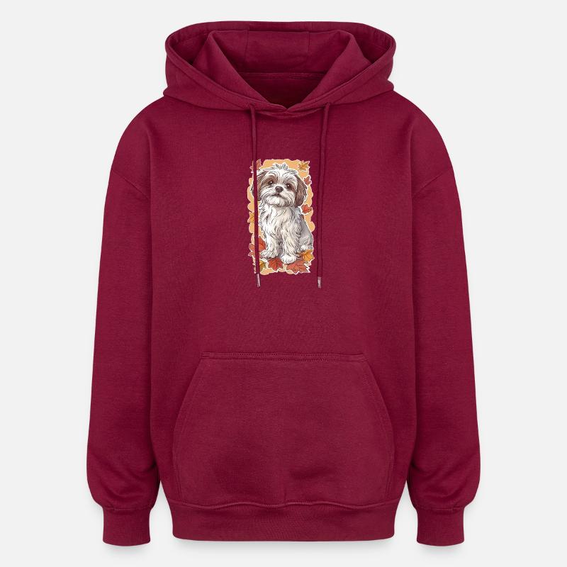 Feuilles d'automne du Shih Tzu - Sweat à capuche oversize unisexe - bordeaux