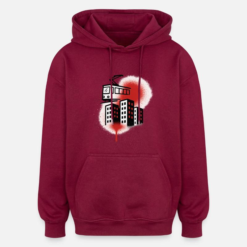 Tramway graffiti au-dessus de la ville - Sweat à capuche oversize unisexe - bordeaux