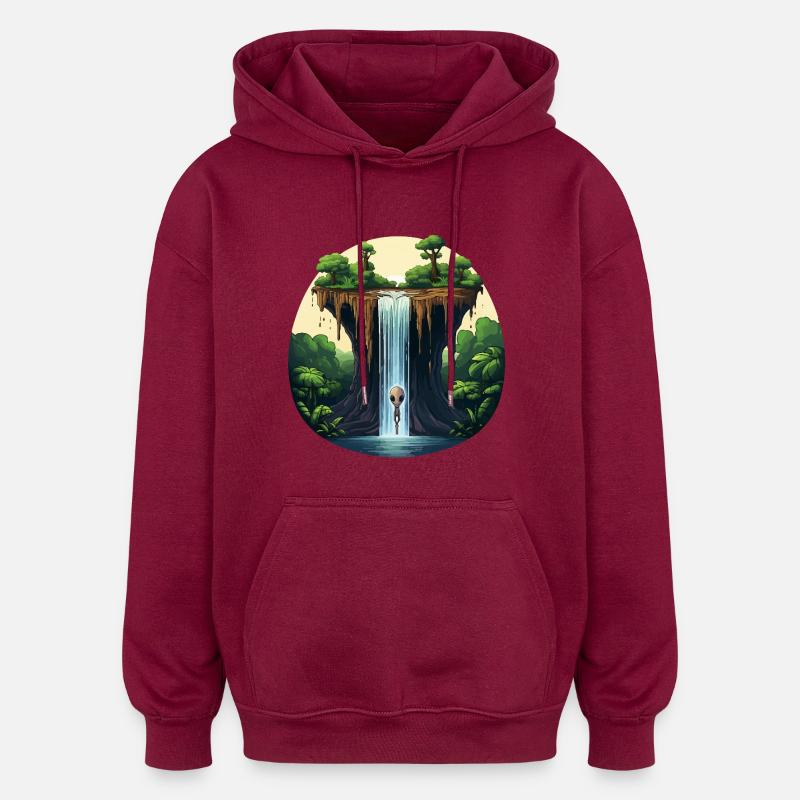 Alien am Wasserfall im Dschungel - Oversized Unisex Hoodie - Burgunderrot