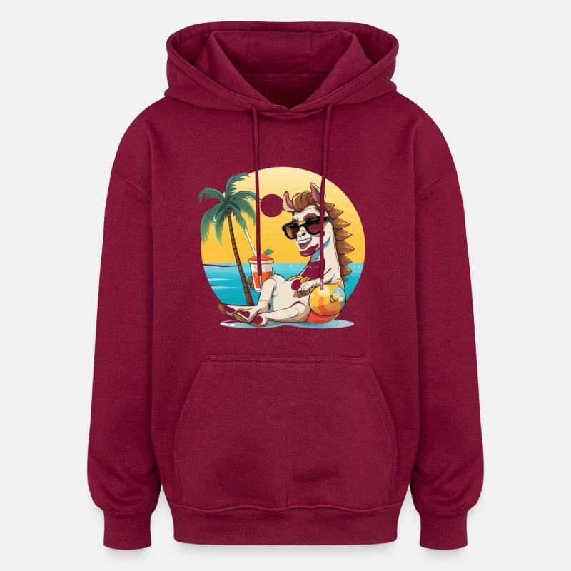 Sunny Beach Llama on Vacation - Oversized Unisex Hoodie - burgundy