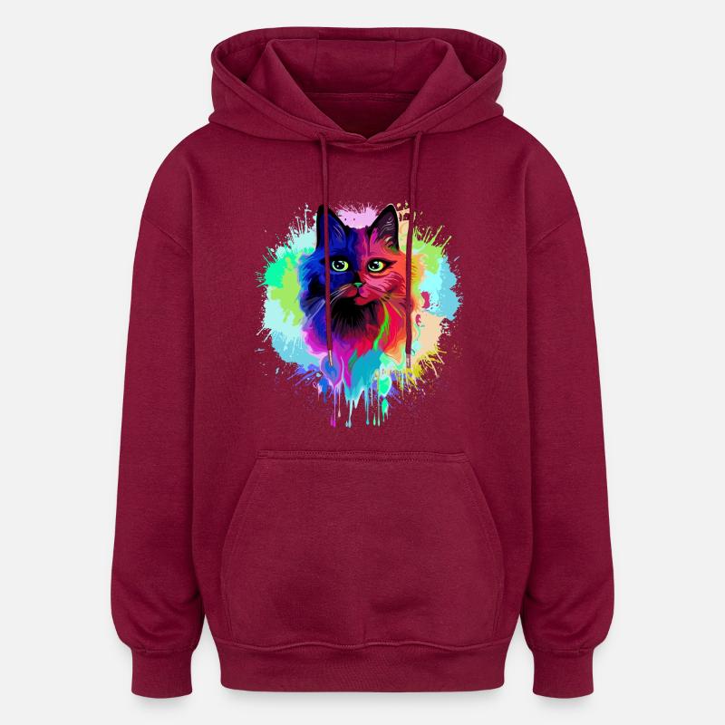 Éclaboussures psychédéliques psychédéliques de chat - Sweat à capuche oversize unisexe - bordeaux