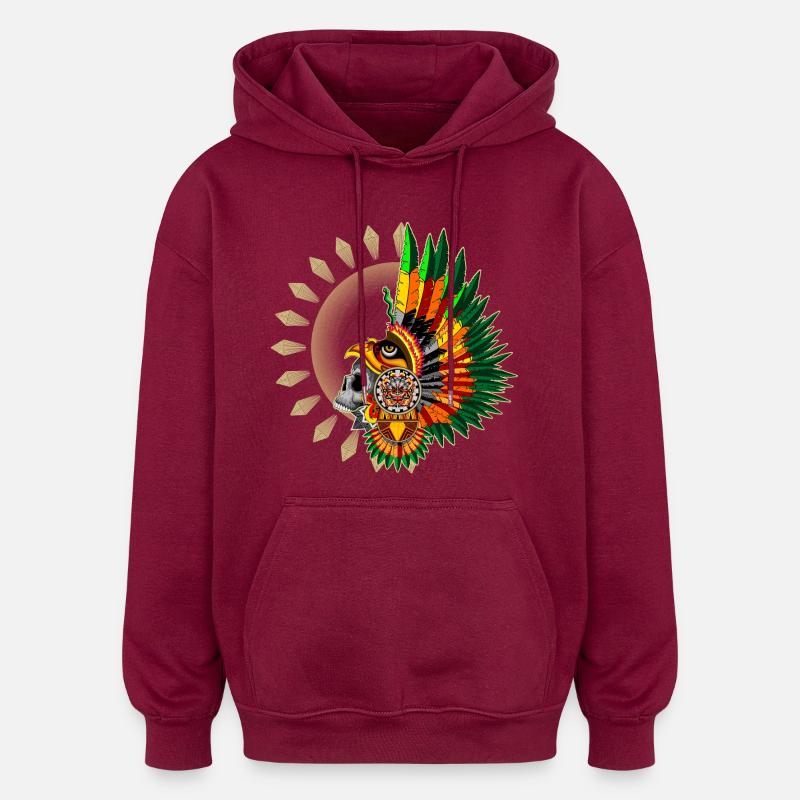 Aztec Eagle Warrior Skull - Oversized Unisex Hoodie - burgundy