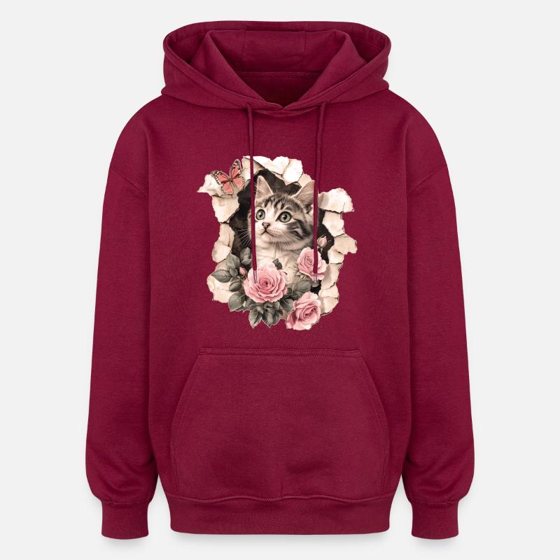 Gatto e farfalla - Felpa con cappuccio unisex oversize - rosso borgogna