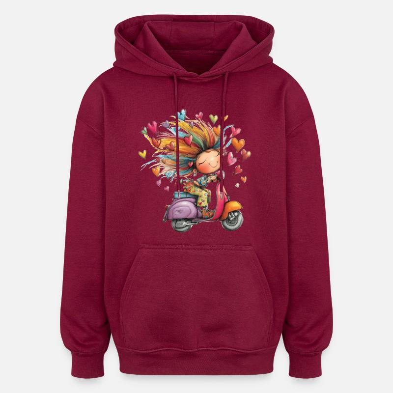 Rollerliebe - Mädchen auf Roller – bunter Sommer - Oversized Unisex Hoodie - Burgunderrot