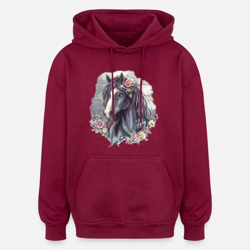 Cheval aux fleurs - Sweat à capuche oversize unisexe - bordeaux