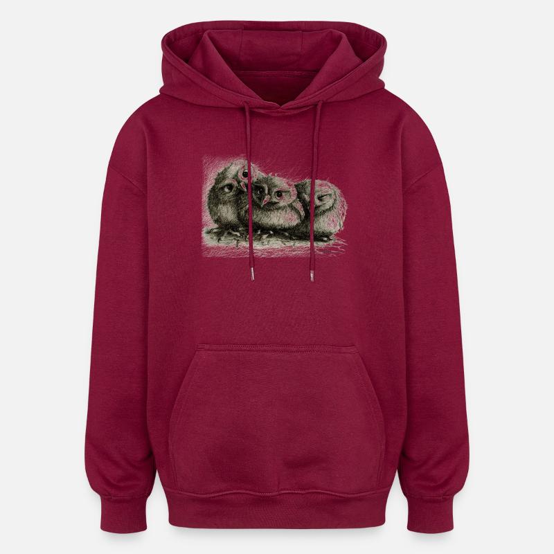 trois jeunes hiboux - Sweat à capuche oversize unisexe - bordeaux