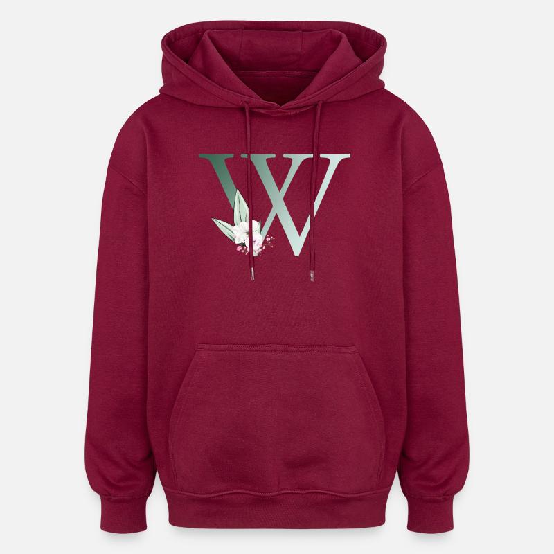 W Monogramme, Floral, Personnalisable - Sweat à capuche oversize unisexe - bordeaux