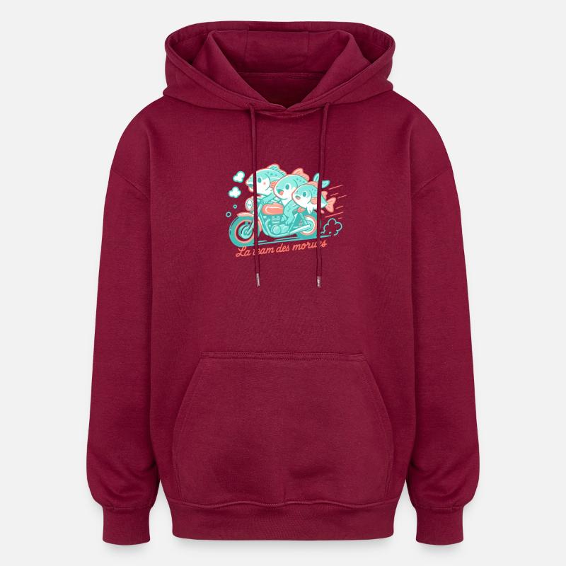 Turquoise cod on a motorcycle - Oversized Unisex Hoodie - burgundy