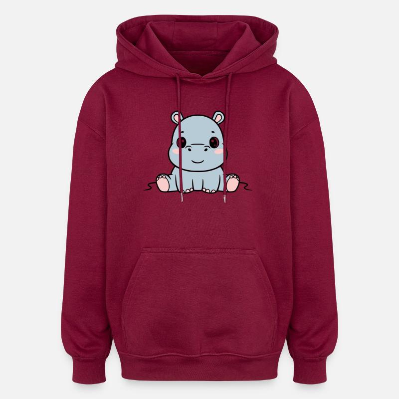 Bébé hippopotame mignon assis à Kawaii - Sweat à capuche oversize unisexe - bordeaux