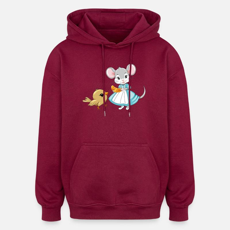 Little_mouse_is_sharing_a_croissant_with_a_bird - Sweat à capuche oversize unisexe - bordeaux
