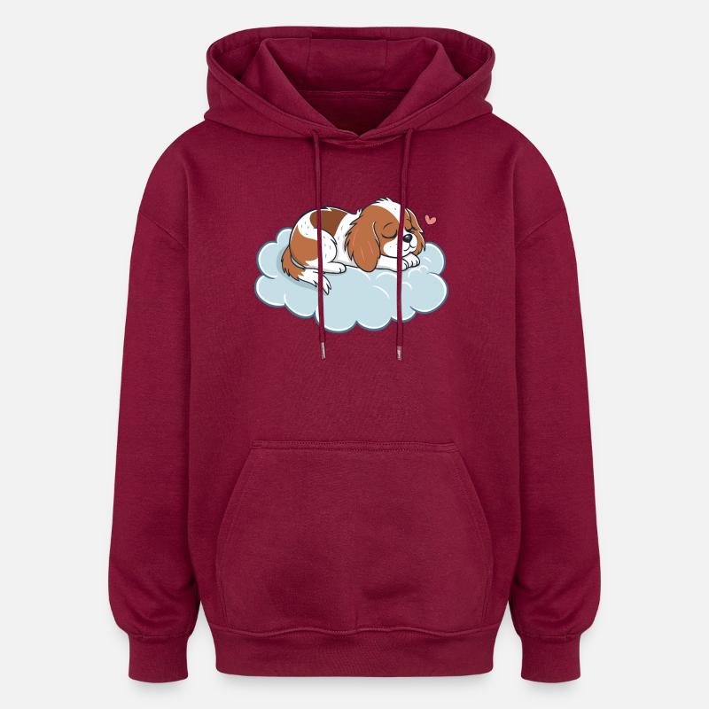 Chiot rêveur sur nuage pastel - Sweat à capuche oversize unisexe - bordeaux