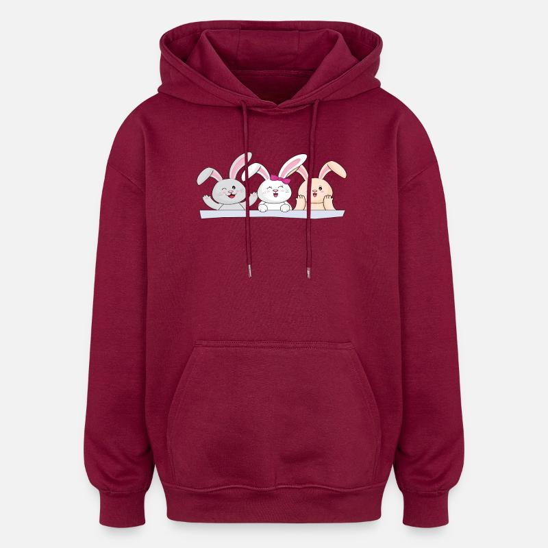 Trio de lapins heureux - Sweat à capuche oversize unisexe - bordeaux