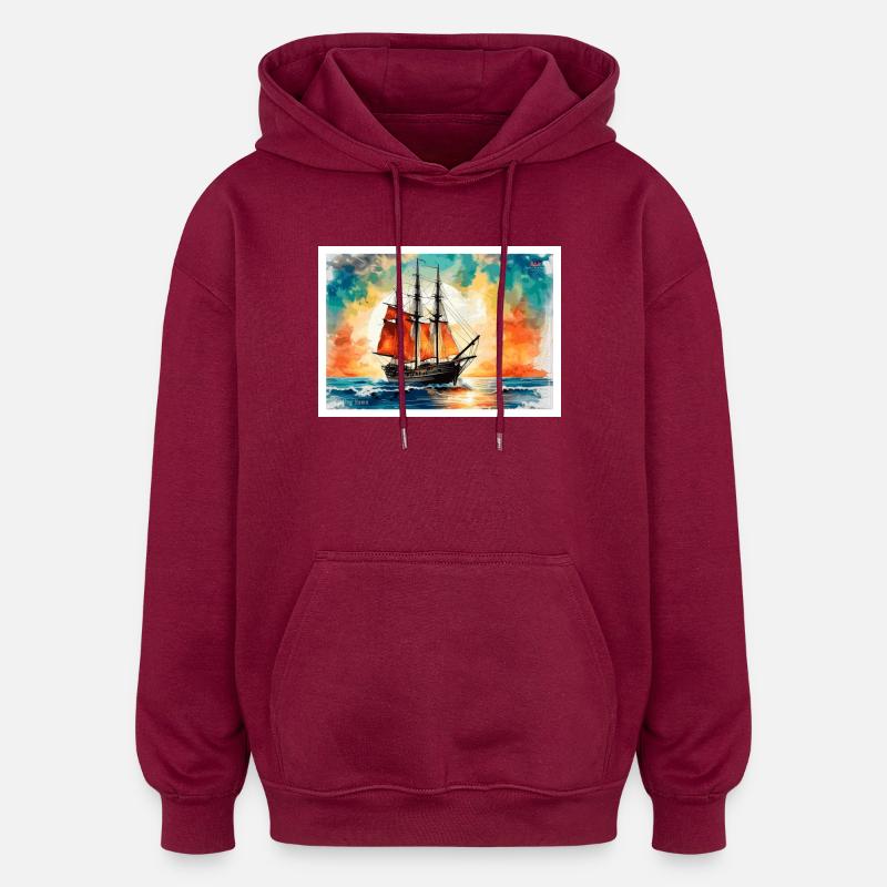 Red sailing ship at sunset - Oversized Unisex Hoodie - burgundy