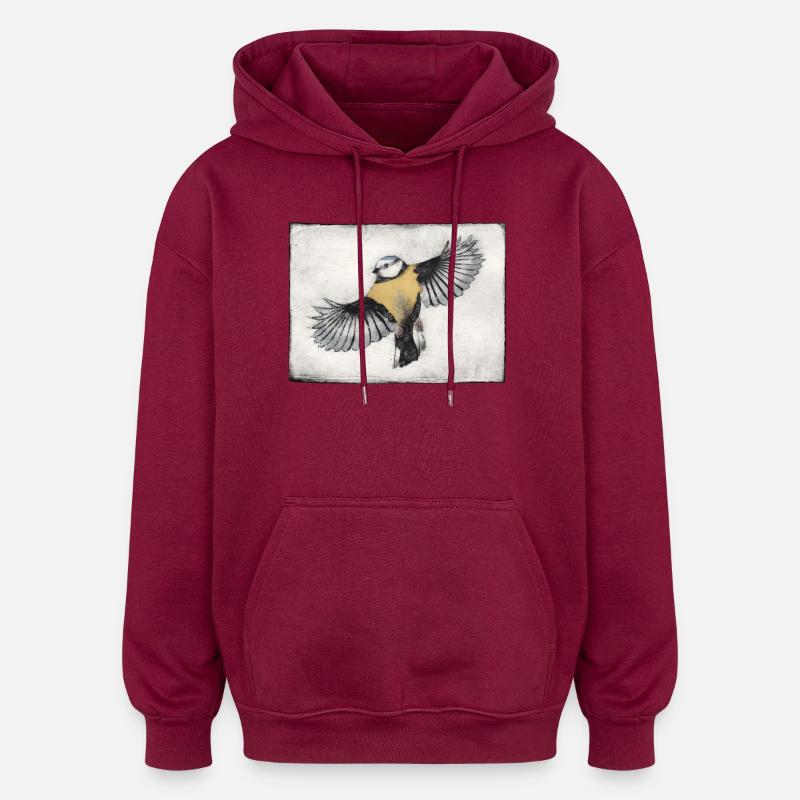 Vogel im Flug - handgeschnitzte Druckvorlage - Oversized Unisex Hoodie - Burgunderrot