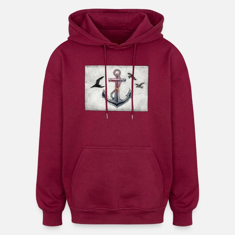 Anker mit Möwen - handgeschnitzte Druckvorlage - Oversized Unisex Hoodie - Burgunderrot