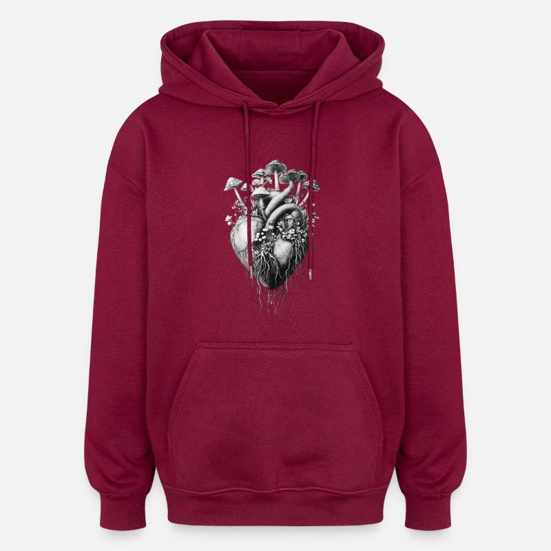 Champignons, Champignons, Fleurs, Botanique - Sweat à capuche oversize unisexe - bordeaux