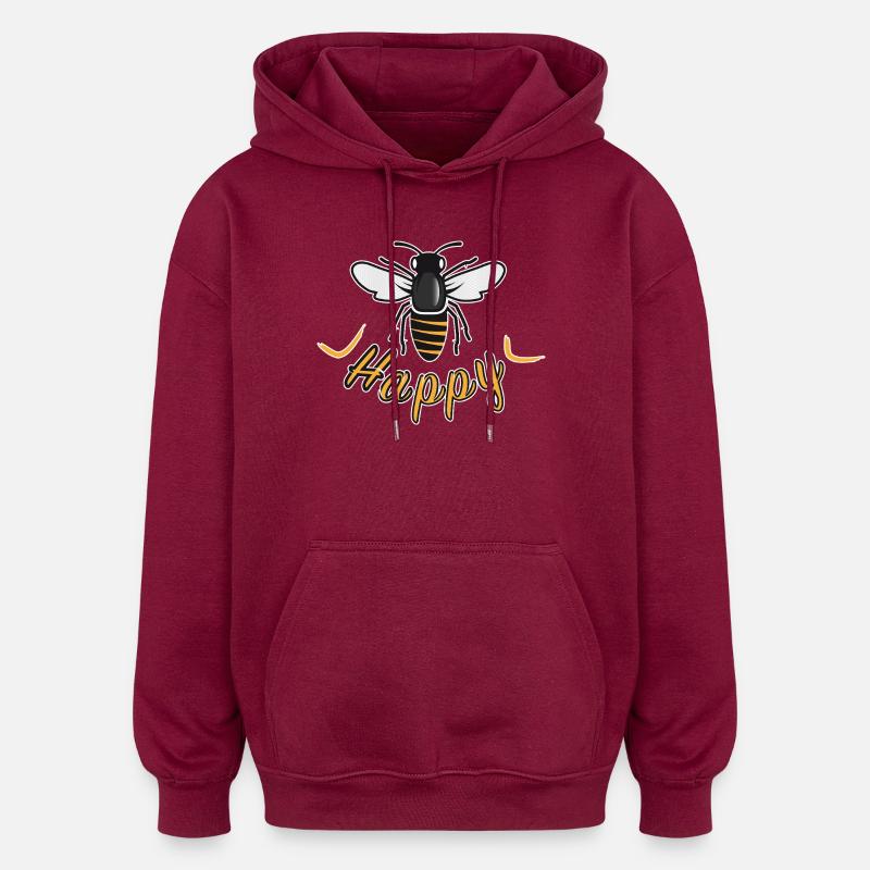 Happy bee with 'Happy' lettering - Oversized Unisex Hoodie - burgundy