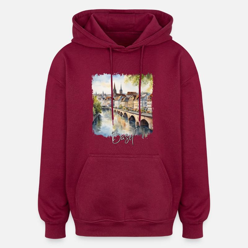 Basel Aquarell, Basel Schweiz - Oversized Unisex Hoodie - Burgunderrot