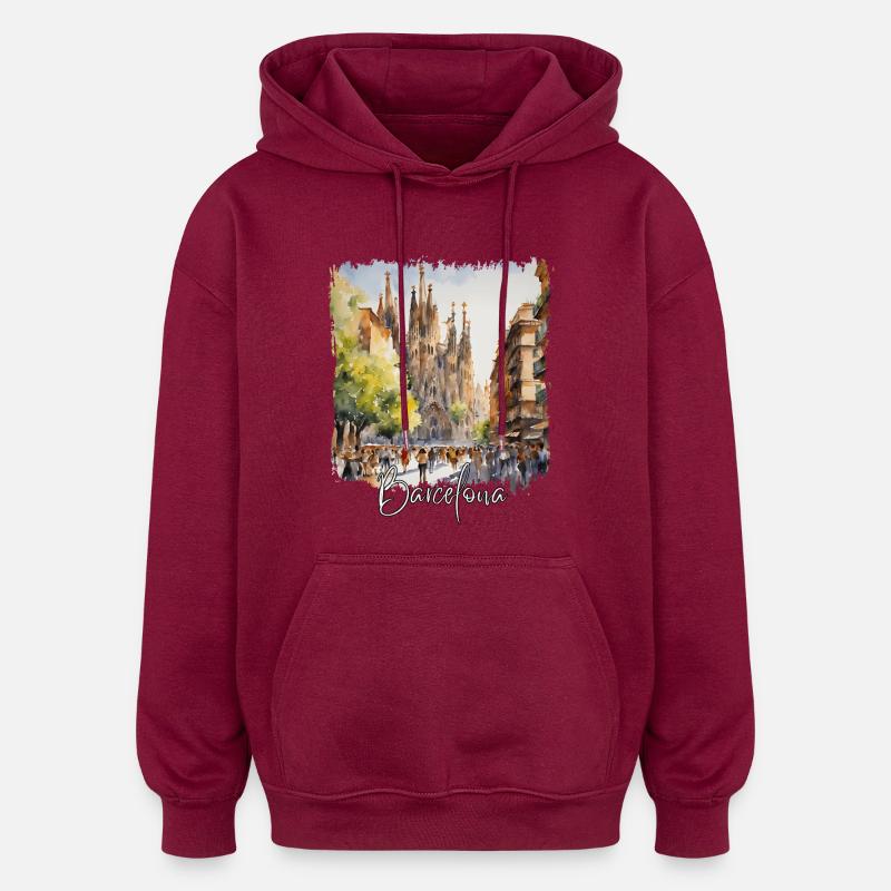Aquarelle de Barcelone, Barcelone, Espagne - Sweat à capuche oversize unisexe - bordeaux