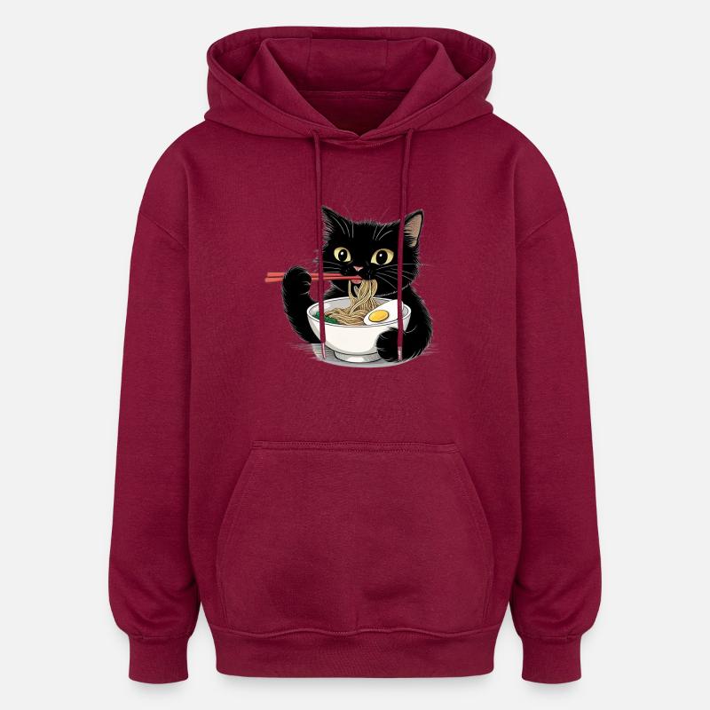 Schwarze Katze isst Ramen Nudeln  - Oversized Unisex Hoodie - Burgunderrot