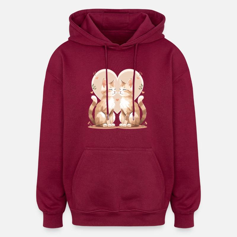 Duo de chats dans le cœur - Sweat à capuche oversize unisexe - bordeaux