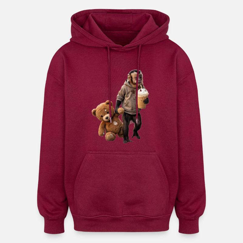 Affe Teddybär Eiskaffee Motiv - Oversized Unisex Hoodie - Burgunderrot